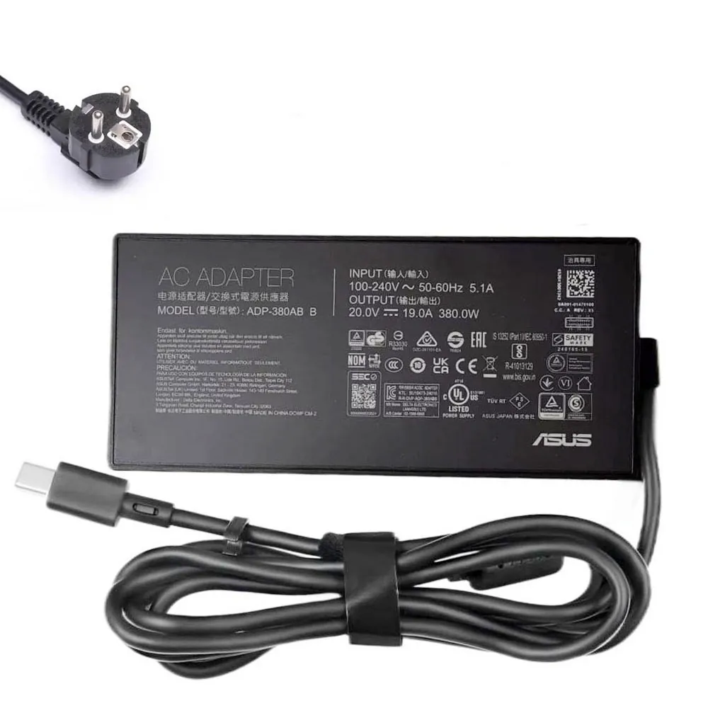 20V 19A 380W Asus oplader netadapter met rechthoekige stekker